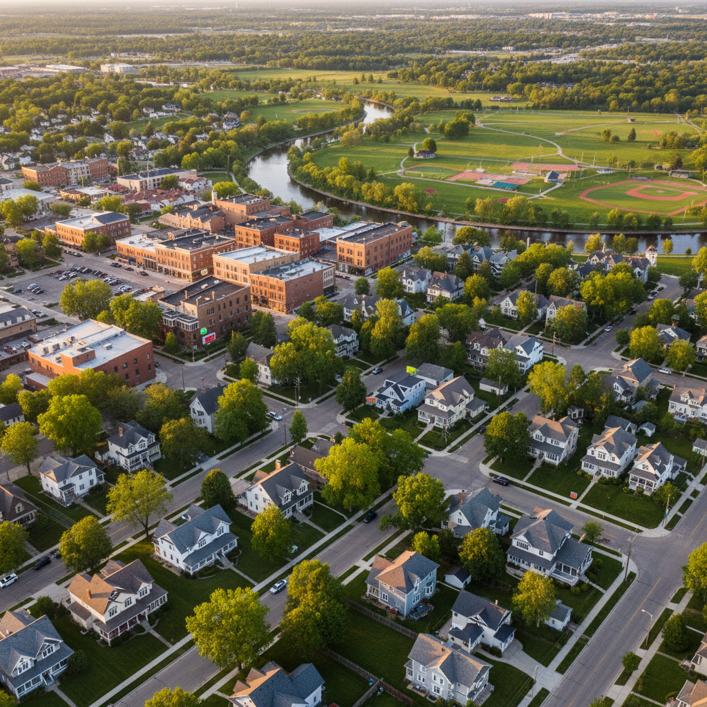 A detailed aerial-style photographic view of a small Midwestern town resembling Northfield, with a winding river, historic brick downtown, tidy residential streets, and green parks. Campaign-style yard signs are suggested as simple, colorful rectangles on neatly trimmed lawns, avoiding any readable text. Warm golden hour sunlight casts long shadows from trees and buildings, emphasizing the textures of rooftops and streets. The mood is hopeful and community-focused, with a balanced composition that leads the eye along the river toward the town center. Shot in crisp photographic realism, this image conveys the broader community Kris Johnson seeks to represent, without including any people.